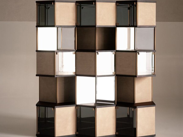Meuble Bar Hive Baxter | Alvéole Hexagonale en Cuir et Verre | Design Pietro Russo