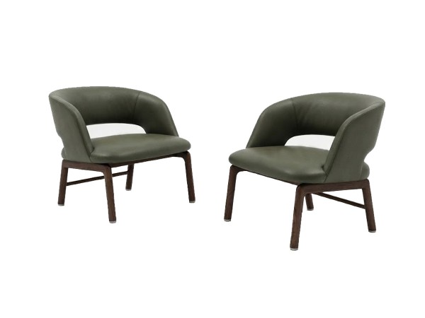 Poltrona lounge Flexform Alma in pelle verde con base in noce canaletto scuro