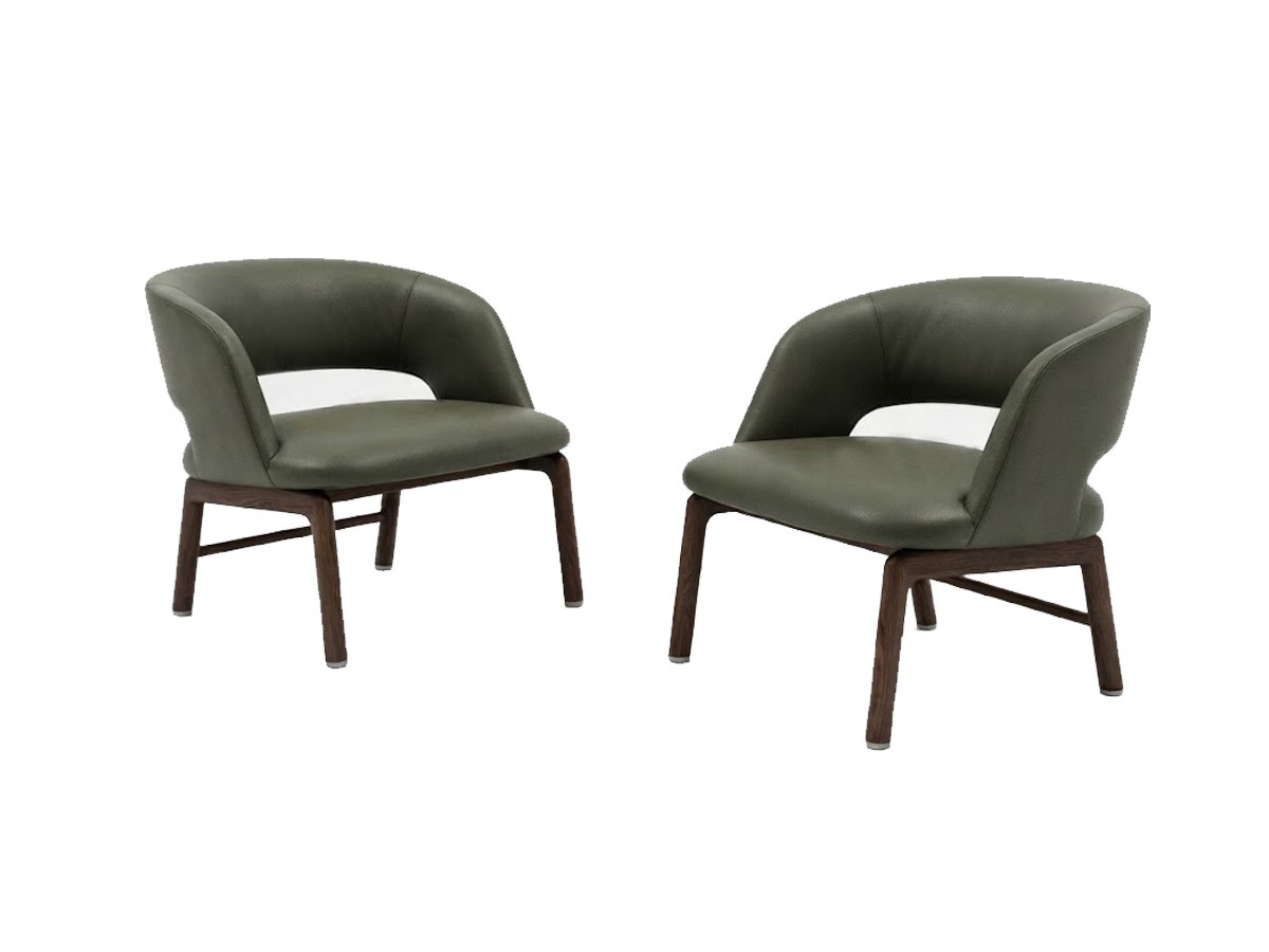 Flexform Alma Loungesessel in grünem Leder mit Gestell aus dunklem Canaletto-Nussbaum
