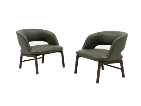 Flexform Alma lounge armchair in green leather with dark Canaletto walnut base