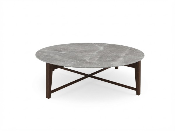 Runder Couchtisch Flexform Tris, 127 cm, Platte aus Marmor Grigio Stardust matt auf dunklem Holzgestell