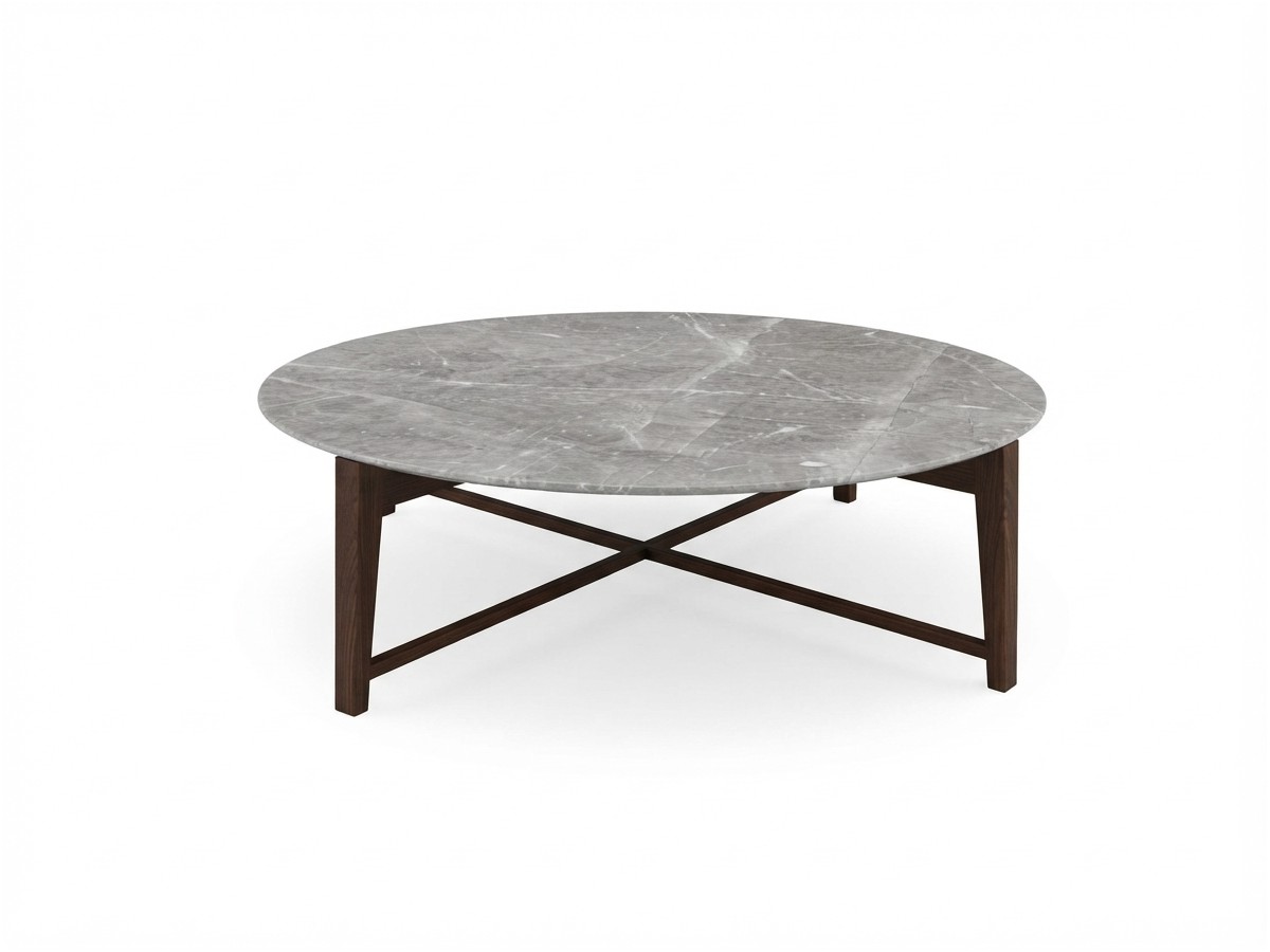 Mesa de centro redonda Flexform Tris de 127 cm con sobre de mármol gris stardust mate y base de madera oscura
