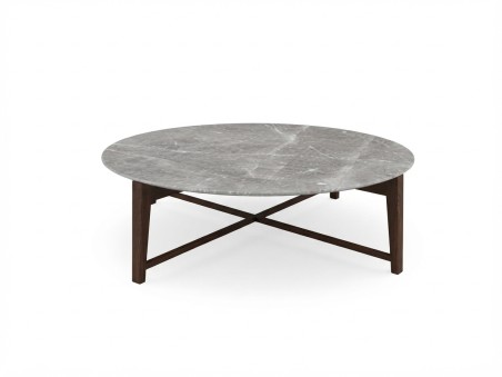 Tavolino rotondo Flexform Tris da 127 cm con piano in marmo grigio stardust opaco e base in legno scuro